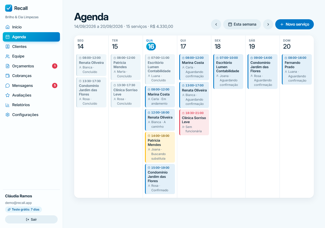 Agenda semanal do Recall com os serviços por dia