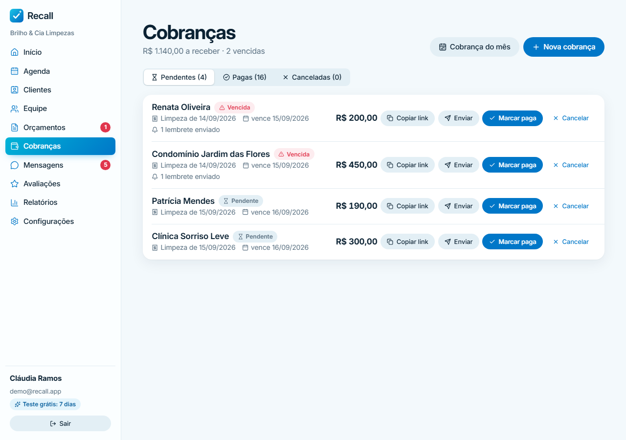Tela de cobranças do Recall com valores e situação