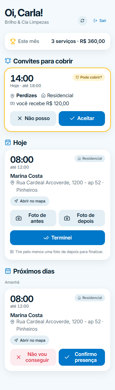 Tela da equipe no celular, com o serviço em andamento